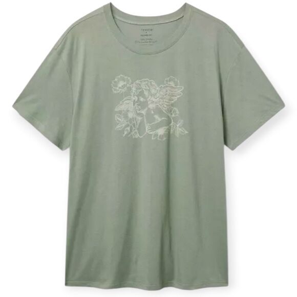 2X 18W 20W Green Angel Floral Cherub Relaxed Fit Cotton Crew Tee 90s Soft Plus - Picture 1 of 7